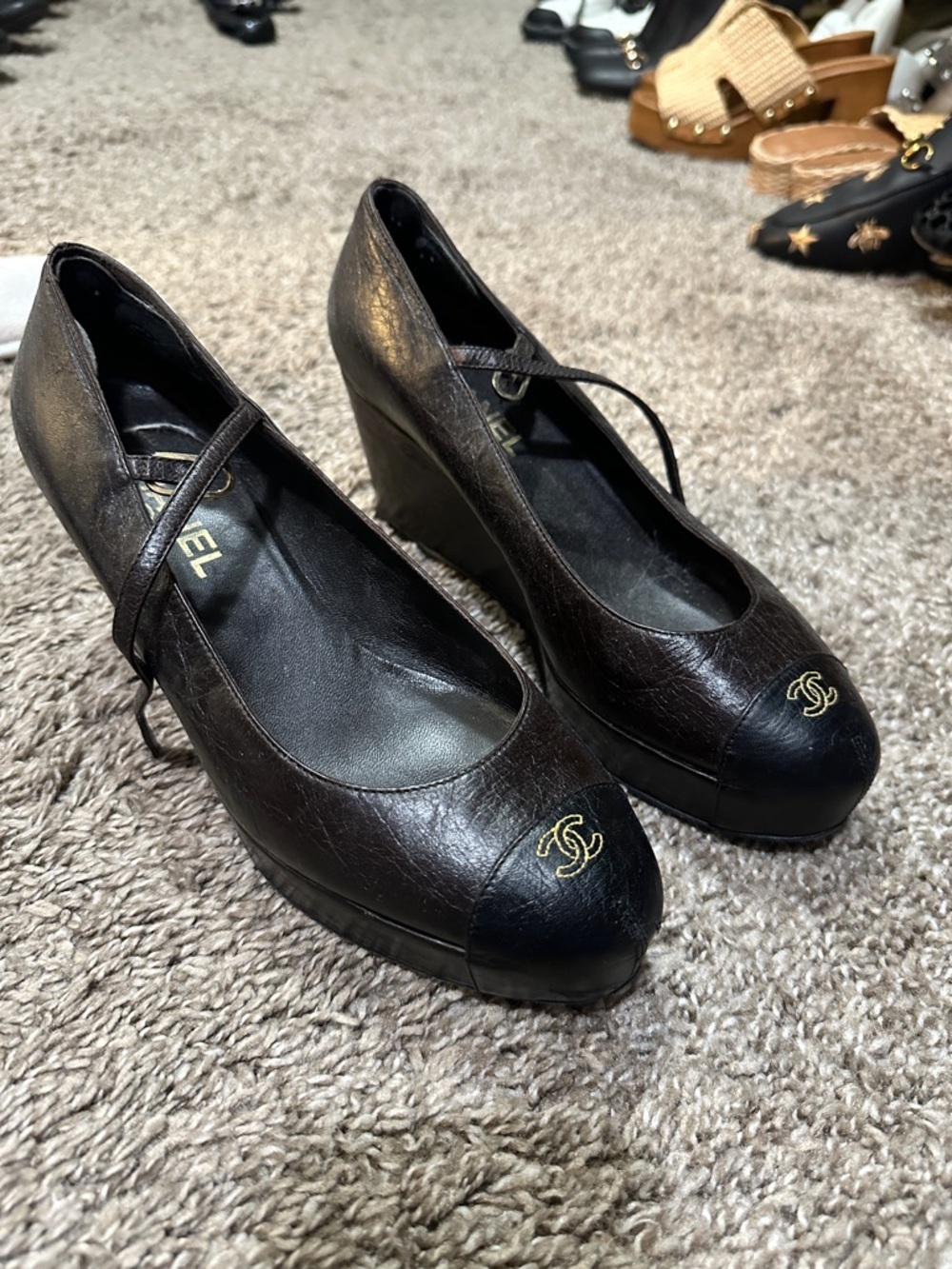 CHANEL Vintage Brown Leather Wedge Pumps with Black Cap Toe